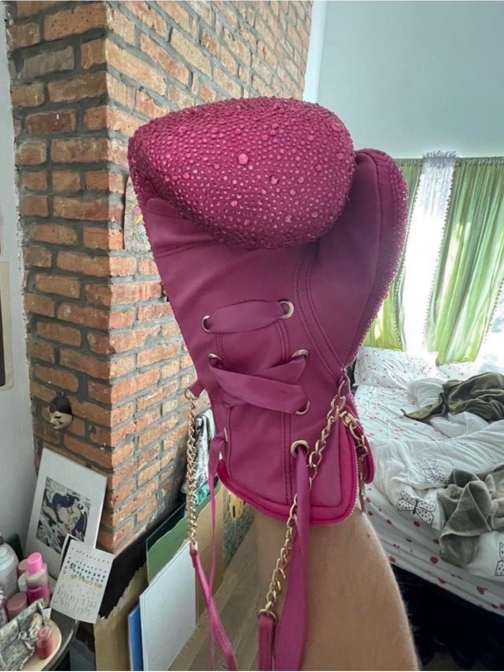 Betsey Johnson Hot Pink Rhinestone Boxing Glove Crossbody Bag - Picture 2 of 3